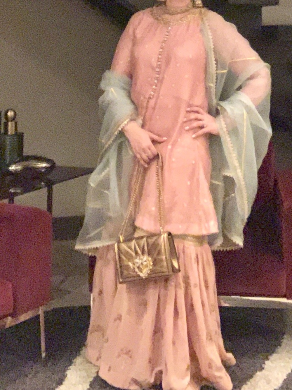 Embroidered Peach Sharara Set with Sheer Mint Dupatta